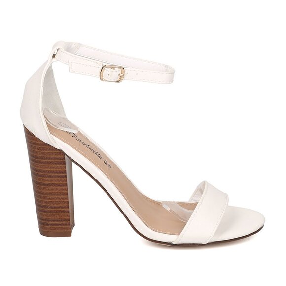New Classic White Open Toe Ankle Strap Sandals Wood-Like Block Chunky High Heel - Picture 2 of 3
